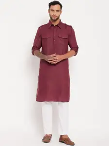 VASTRAMAY Shirt Collar Roll Up Sleeves Pathani Kurta with Pyjamas