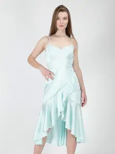 NUEVOSDAMAS Shoulder Straps Ruffled Smocked Satin Wrap Midi Dress