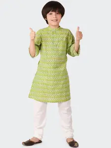 Fabindia Boys Band Collar Geometric Printed Straight Cotton Kurta