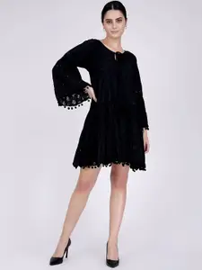 First Resort by Ramola Bachchan Self Design Pom-Pom Flared Sleeves Schiffli A-Line Dress