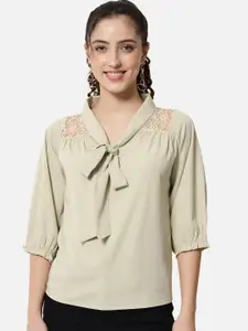 ALL WAYS YOU Tie-Up Neck Puff Sleeves Crepe Top
