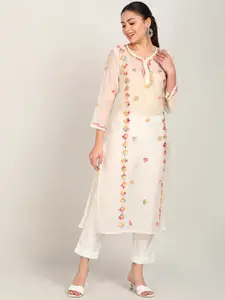 VAHSON Floral Embroidered Regular Sleeves Thread Work Chanderi Cotton Kurta