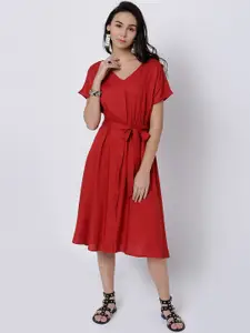 Tokyo Talkies Women Red Solid Midi A-Line Dress