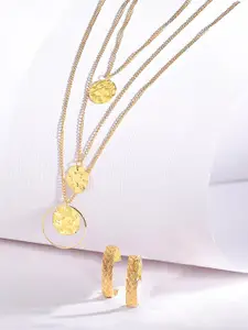 Rubans Voguish Rubans 18K Gold-Plated Set of 2 Layered Hammered Coin Pendant Necklace & Hoop Earrings