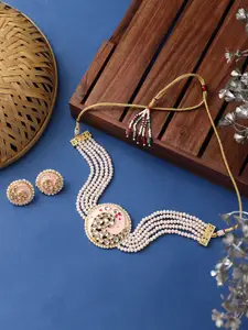 STEORRA JEWELS Gold Plated Kundan-Studded & Beaded Necklace And Earrings Jewellery Set