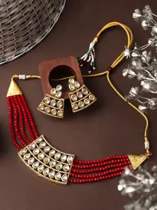 STEORRA JEWELS Gold-Plated Stone Studded & Beaded Necklace And Earrings Jewellery Set