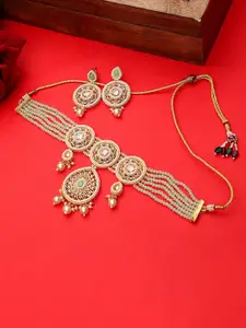 STEORRA JEWELS Gold-Plated Kundan Studded & Beaded Necklace And Earrings Jewellery Set