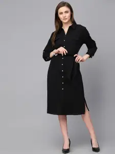 Gipsy Shirt Collar Pocket Details Cotton Shirt Style Midi Dress With Belt