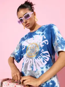 Difference of Opinion Women Blue & Grey Tie & Dye Oversized Pure Cotton Longline T-shirt