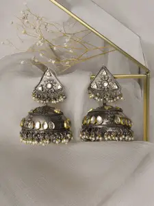 TEEJH Silver Plated Contemporary Oxidised Stone Studded Jhumkas Earrings