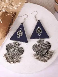 TEEJH Silver Plated Contemporary Oxidised Stone Studded Drop Earrings
