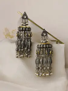 TEEJH Silver-Plated Oxidised Jhumkas Earrings