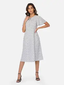 Beatnik Polka Dots Printed Flared Sleeves A-Line Midi Dress