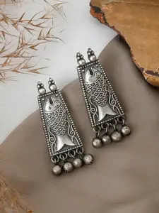 TEEJH Silver Plated Contemporary Stone Beaded Oxidised Drop Earrings