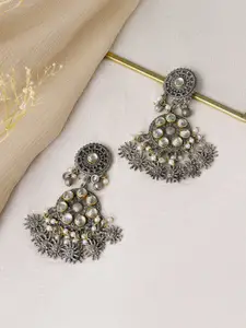 TEEJH Silver-Plated Oxidised Contemporary Drop Earrings