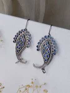 TEEJH Silver-Plated Oxidised Contemporary Stone Studded Drop Earrings