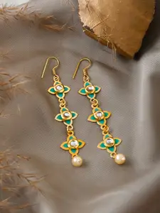 TEEJH Gold-Plated Floral Stone-Studded & Beaded Drop Earrings
