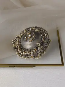 TEEJH Aajita Silver-Plated Stone-Studded & Beaded Finger Ring