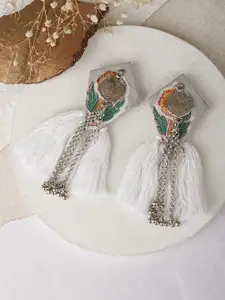 TEEJH Silver-Plated Tasselled Contemporary Drop Earrings