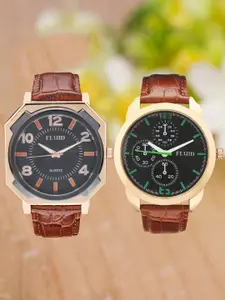 FLUID Pack Of 2 Men Leather Straps Analogue Watch FL2-911-BK01-910-RG01