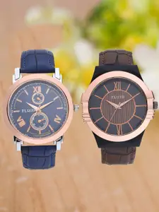 FLUID Pack Of 2 Men Blue Leather Textured Straps Analogue Watch FL2-020-BL01-021-BK01