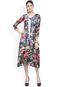 SCORPIUS Black Floral Print Open Front Longline Shrug