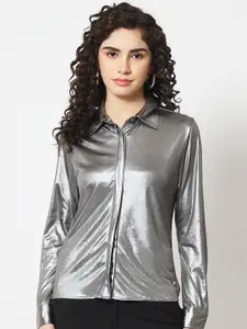 Beatnik Long Sleeves Flap Placket Metallic Casual Shirt