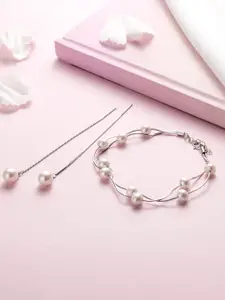 Zavya Pure Silver Rhodium Plated White Pearl Bracelet and Earring