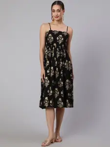 Nayo Shoulder Straps Floral Printed Midi Cotton A-Line Dress