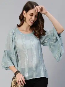 Ishin Striped Embroidered Bell Sleeves Sheer Regular Top