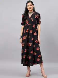 WineRed Floral Printed Puff Sleeve Cotton A-Line Dress