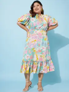 Athena Ample Plus Size Floral Print Puff Sleeve Crepe A-Line Midi Dress