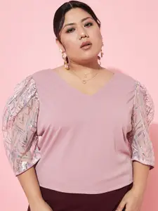 Athena Ample Plus Size V-Neck Puff Sleeves Casual Top