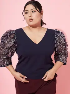 Athena Ample Plus Size V-Neck Puff Sleeves Casual Top