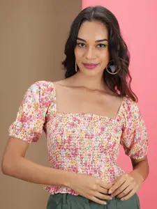 Freehand Floral Printed Square Neck Smocked Crop Top
