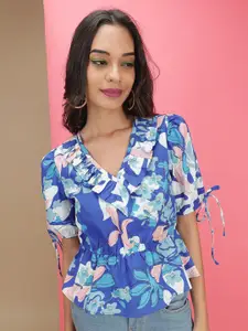 Freehand by The Indian Garage Co Floral Printed V-Neck Puff Sleeves Cinched Waist Pure Cotton Top