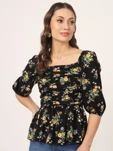 Beatnik Floral Printed Puff Sleeves Square Neck Cinched Waist Top