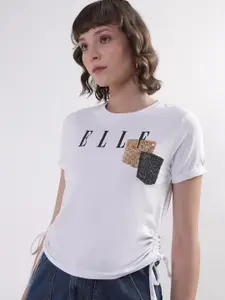 ELLE Typography Printed Embellished Pure Cotton T-shirt