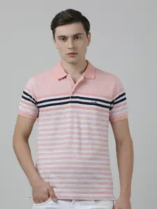 Crocodile Men Pink Striped Polo Collar Pockets Slim Fit T-shirt