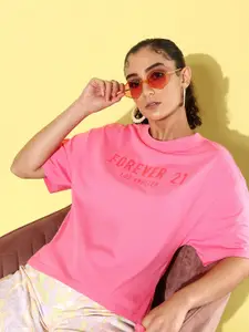 FOREVER 21 Brand Logo Printed Drop-Shoulder Sleeves Pure Cotton T-shirt