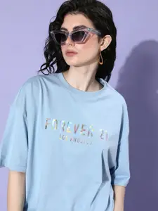 FOREVER 21 Brand Logo Printed Drop-Shoulder Sleeves Pure Cotton T-shirt
