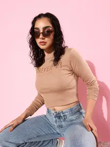 FOREVER 21 Brand Logo Print & Ribbed Knitted Fitted Crop Top