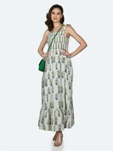 Zink London Floral Printed Shoulder Straps Smocked Cotton Maxi Dress