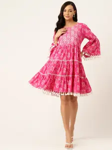 Stylum Floral Embroidered Flared Sleeve Fringed Fit & Flare Dress