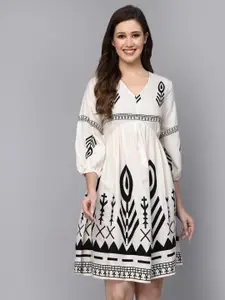 Stylum Cream-Coloured & Black Bohemian Print Puff Sleeves Fit & Flare Dress