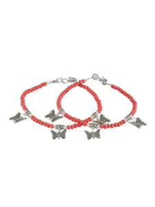 Jazz and Sizzle Set of 2 Silver-Plated Beaded Butterfly Charm Anklets