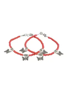 Jazz and Sizzle Set of 2 Silver-Plated Beaded Butterfly Charm Anklets