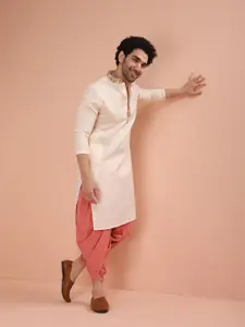 KISAH Men Solid Regular Fit Thread Work Kurta Dhoti Set