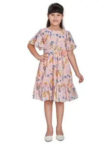 Peppermint Girls Round Neck Floral Printed Flared Sleeve Fit & Flare Dress