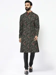 KISAH Mandarin Collar Floral Printed Straight Kurta with Churidar